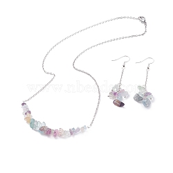 Natural Fluorite Chips Beaded Jewelry Set, Gemstone Pendant Necklace & Cluster Dangle Earrings with 304 Stainless Steel Cable Chains for Women, Stainless Steel Color, 60mm, Pin: 0.6mm,19.29 inch(49cm)(SJEW-JS01231-02)