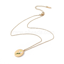 Enamel Oval with Birth Flower Pendant Necklace, Golden 304 Stainless Steel Jewelry for Women, March Daffodil, 15.67~16.26 inch(39.8~41.3cm)(STAS-H174-02G-C)