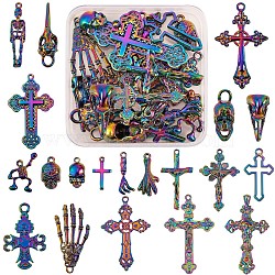 20 Pcs 316L Surgical Stainless Steel Charms & Pendants & Big Pendants, Cross & Skull & Skeleton & Claw, Rainbow Color, 29~65x9~40mm(JX095A)