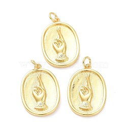 Brass Micro Pave Clear Cubic Zirconia Pendants, with Jump Ring, Long-Lasting Plated, Oval with Hand, Real 18K Gold Plated, 22x15x2.5mm, Jump Ring: 5x1mm, 3mm Inner Diameter(ZIRC-L091-085G)