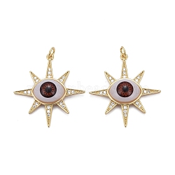 Brass Micro Pave Cubic Zirconia Pendants, with Acrylic and Jump Ring, Long-Lasting Plated, Star with Eye, Real 18K Gold Plated, Brown, 32x30x6.5mm(ZIRC-Z011-32C)