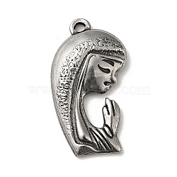 Tibetan Style 304 Stainless Steel Pendants, Female Prayer Charms, Antique Silver, 25x13.5x2.5mm, Hole: 1.6mm(STAS-G278-12AS)