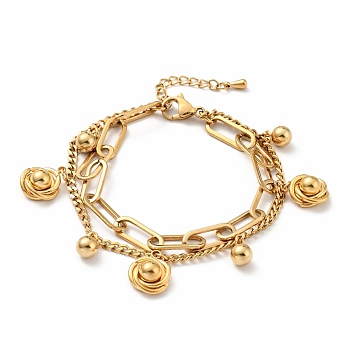 Knot and Round Ball Charm Multi-strand Bracelet, Vacuum Plating 304 Stainless Steel Double Layered Chains Bracelet for Women, Golden, 7-1/2 inch(19cm)