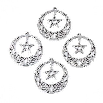 201 Stainless Steel Pendants, Flat Round with Star, Stainless Steel Color, 27x25x1.5mm, Hole: 1.4mm