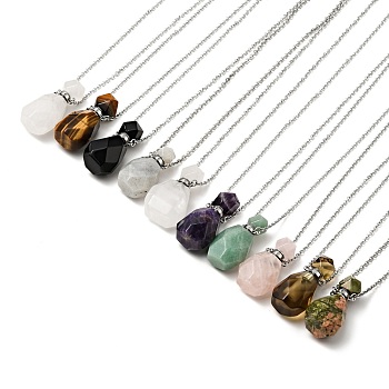 Openable Faceted Natural & Synthetic Mixed Stone Perfume Bottle Pendant Necklaces for Women, 304 Stainless Steel Cable Chain Necklaces, Stainless Steel Color, 18.54 inch(47.1cm)