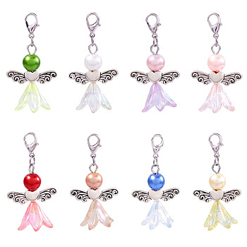 Angel Acrylic & Glass Beads Pendant Decorations, with Zinc Alloy Lobster Claw Clasps, Mixed Color, 45mm, 8pcs/set