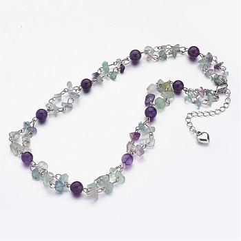 Natural Amethyst & Fluorite Beaded Tiered Necklaces, Layered Necklaces, with 304 Stainless Steel Lobster Claw Clasps, Colorful, 16.9 inch