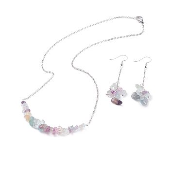 Natural Fluorite Chips Beaded Jewelry Set, Gemstone Pendant Necklace & Cluster Dangle Earrings with 304 Stainless Steel Cable Chains for Women, Stainless Steel Color, 60mm, Pin: 0.6mm,19.29 inch(49cm)