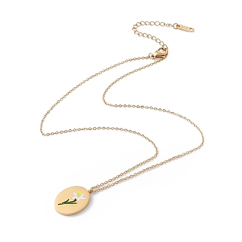Enamel Oval with Birth Flower Pendant Necklace, Golden 304 Stainless Steel Jewelry for Women, March Daffodil, 15.67~16.26 inch(39.8~41.3cm)