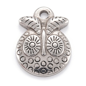 304 Stainless Steel Charms, Owl, Stainless Steel Color, 22x16.5x3mm, Hole: 2.2mm
