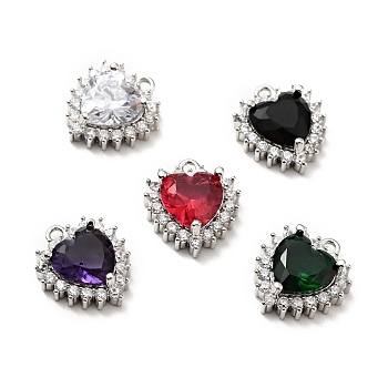 Brass Micro Pave Cubic Zirconia Charms, Cadmium Free & Lead Free, Platinum, Heart, Mixed Color, 14x12x5mm, Hole: 1mm