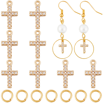 14Pcs Cubic Zirconia Charms, Real 18K Gold Plated, with Brass Findings, Cross, Clear, with 14Pcs Brass Open Jump Rings, Real 18K Gold Plated, 11x6.5x2mm, Hole: 0.8mm