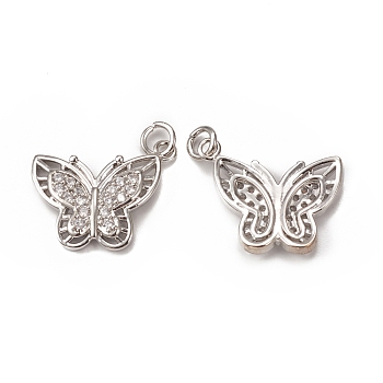 Brass Micro Pave Cubic Zirconia Charms, Hollow Butterfly Charm, with Jump Ring, Platinum, 21x18.5x2.5mm, Hole: 3mm