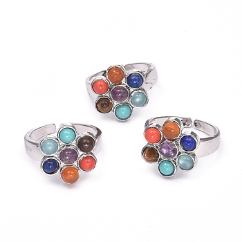 Chakra Jewelry, Natural & Synthetic Mixed Stone Cuff Finger Rings, with Glass and Brass Findings, Flower, Size 8, 18mm