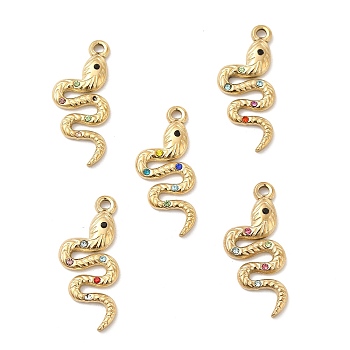 Vacuum Plating 201 Stainless Steel with Rhinestone Pendants, Snake Charms, Real 18K Gold Plated, Mixed Color, 30x13x3mm, Hole: 2mm