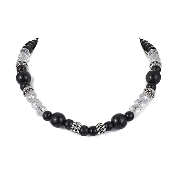 Natural Wood & Glass Round Beaded Necklace, Black, 20.94 inch(53.2cm)
