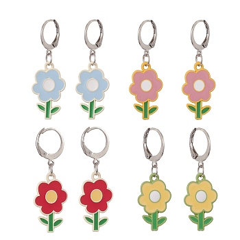 4 Pair 4 Color Alloy Enamel Flower Dangle Leverback Earrings, 304 Stainless Steel Jewelry for Women, Mixed Color, 39mm, Pin: 0.6mm, 1 Pair/color