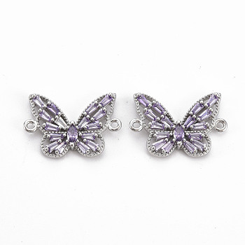 Brass Cubic Zirconia Links Connectors, Nickel Free, Butterfly, Lilac, Platinum, 13x18x2.5mm, Hole: 1mm