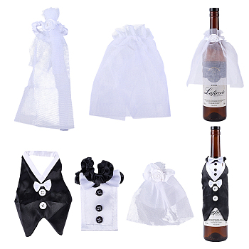 Organza & Cloth Bride and Groom Full Dress Wine Bottle Cover, with Cloth Lace Cup Sleeves, White, 191x110x1mm