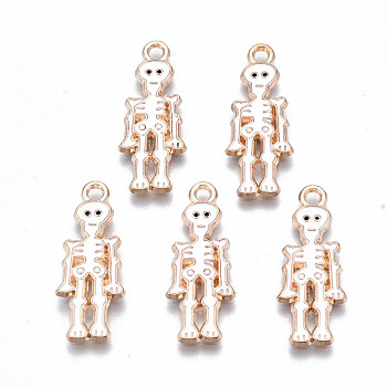 Alloy Enamel Pendants, Halloween, Cadmium Free & Lead Free, Skeleton, Light Gold, White, 26x10x1.5mm, Hole: 1.8mm