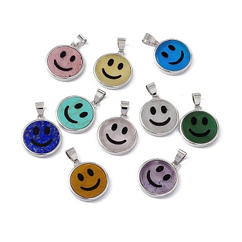 Natural & Synthetic Mixed Gemstone Pendants, Flat Round with Smiling Face Charms, with Rack Plating Platinum Tone Brass Findings, Cadmium Free & Lead Free, Mixed Dyed and Undyed, 21x18.5x3mm, Hole: 4x6mm