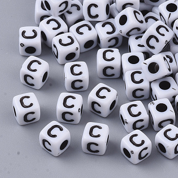 White Opaque Acrylic Beads, Horizontal Hole, Cube with Black Alphabet, Letter.C, 4~5x4~5x4~5mm, Hole: 1.8mm, about 6470~6500pcs/500g