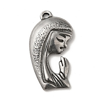 Tibetan Style 304 Stainless Steel Pendants, Female Prayer Charms, Antique Silver, 25x13.5x2.5mm, Hole: 1.6mm