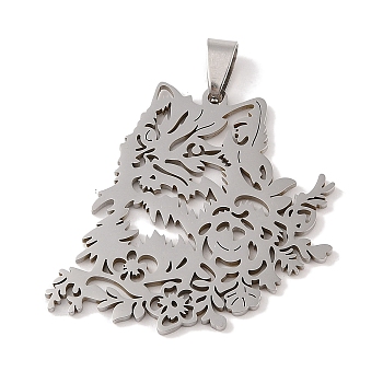 201 Stainless Steel Pendants, Hollow, Cat Charm, Stainless Steel Color, 40.5x45x1.5mm, Hole: 4x7mm