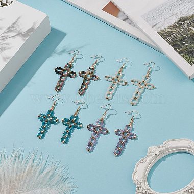 Natural Gemstone Braided Hollow Out Cross Dangle Earrings(EJEW-JE05138)-2