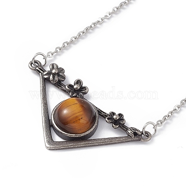 Natural Tiger Eye Triangle with Flower Pendant Necklace(NJEW-P274-01AS-01)-3