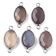 Natural Grey Agate Links/Connectors, Platinum Tone Brass Edge, Faceted Oval, 27.5x14~15x6mm, Hole: 2mm(G-T131-102-15)