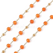 Dyed Natural Jade Round Beaded Chain, with Golden 304 Stainless Steel Satellite Chains, Unwelded, with Spool, Orange, 2.5x1x0.3mm, 5x4mm, 3mm, about 32.81 Feet(10m)/Roll(CHS-C006-01H)