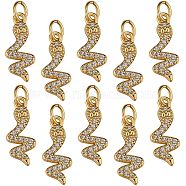 10Pcs Brass Micro Pave Clear Cubic Zirconia Pendants, Long-Lasting Plated, with Jump Ring, Snake, Golden, 15.5x6.5x2mm, Hole: 3mm(ZIRC-SZ0003-01G)
