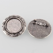 Vintage Alloy Carved Flower Brooch Cabochon Bezel Settings, Cadmium Free & Lead Free, with Iron Pin Back Bar Findings, Antique Silver, Flat Round Tray: 20mm, 30x2mm, Pin: 0.8mm(PALLOY-O038-18AS)