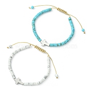 2Pcs 2 Style Natural Howlite & Synthetic Turquoise Braided Bead Bracelets Set, 304 Stainless Steel Cross Adjustable Bracelets, Stainless Steel Color, Inner Diameter: 1-7/8~3-1/4 inch(4.8~8.2cm), 1Pc/style(BJEW-JB09464-01)