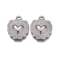 304 Stainless Steel Textured Pendants, Heart with Pattern, Stainless Steel Color, 16x14x3mm, Hole: 1.6mm(X-STAS-F207-12P)