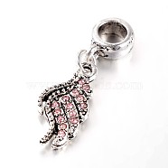 Antique Silver Tone Large Hole Alloy Rhinestone European Dangle Charms, with Wing Pendants, Light Rose, 32mm, Hole: 5mm(CPDL-E028-27AS)