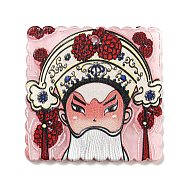 Embossed Printed Acrylic Pendant, Square Beijing Opera, Pink, 37.5x37.5x2.5mm, Hole: 1.8mm(MACR-K343-03D)