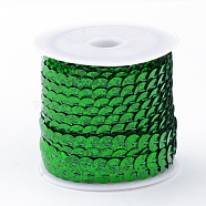 Eco-Friendly Plastic Paillette Beads, Sequins Beads, Ornament Accessories, Flat Round, Green, 6mm, about 5m/roll(PVC-Q092-6mm-P50104)