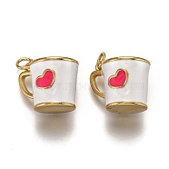 Brass Pendants, with Enamel and Jump Rings, Cup with Heart Pattern, Real 18K Gold Plated, White, 14.5x17x13mm, Hole: 3mm(ENAM-I046-01B)