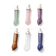 Natural Gemstone Pendants, with Platinum Tone Brass Findings, Figa Hand Shapes, 43~48x12x8.6mm, Hole: 8x4.6mm(G-K322-01)