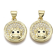 Brass Micro Pave Cubic Zirconia Pendants, Flat Round with Cattle, Nickel Free, Real 16K Gold Plated, 17.5x15x3.5mm, Hole: 3.5x4.5mm(ZIRC-T013-08G-NF)