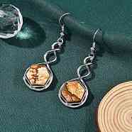 Hexagon Natural Picture Jasper Dangle Earrings, with Rack Plating Brass, Long-Lasting Plated, Lead Free & Cadmium Free, 54x17mm(EJEW-K298-01P-11)