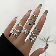 10Pcs 10 Style Flower & Snake & Butterfly & Oval Alloy Finger Rings Set for Women, Antique Silver, Inner Diameter: 16~19mm, 1Pc/style(AJEW-PW0005-06AS)