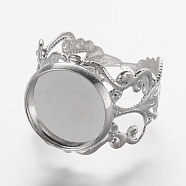 Cuff Brass Filigree Ring Setting, DIY Ring Making, Flower, Silver Color Plated, 17.5mm(X-KKC-G002-34S)