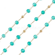 Dyed Natural Jade Round Beaded Chain, with Golden 304 Stainless Steel Satellite Chains, Unwelded, with Spool, Turquoise, 2.5x1x0.3mm, 5x4mm, 3mm, about 32.81 Feet(10m)/Roll(CHS-C006-01F)
