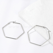 Tarnish Resistant 201 Stainless Steel Hoop Earrings, with 304 Stainless Steel Pin, Hexagon, Stainless Steel Color, 12 Gauge, 45x40.5x2mm, Pin: 0.8mm(X-EJEW-A052-25A)