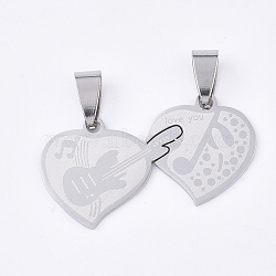 201 Stainless Steel Split Pendants, for Lovers, Heart with Guitar & Musical Note & Word Love You, For Valentine's Day, Stainless Steel Color, 19x36x1mm, Hole: 8x4mm(STAS-T048-34)