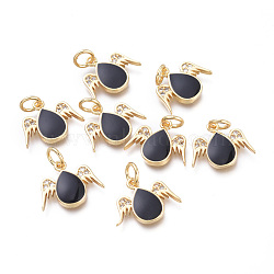 Brass Charms, with Jump Rings and Enamel, Long-Lasting Plated, Cadmium Free & Lead Free & Nickel Free, teardrop, with Wing, Real 18K Gold Plated, Black, 12x14x2.5mm, Hole: 3.4mm(KK-I673-37G-02)