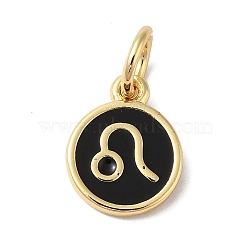 Real 18K Gold Plated Brass Enamel Charms, with Jump Ring, Long-Lasting Plated, Lead Free & Cadmium Free, Flat Round with Leo Charms, Black, 10x8x1mm, Hole: 4mm(KK-L216-001G-H01)